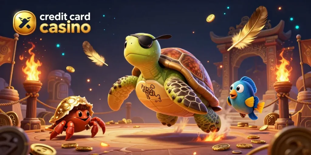 Engage in the action at a credit card casino with pirate characters floating above treasures in a vibrant scene.
