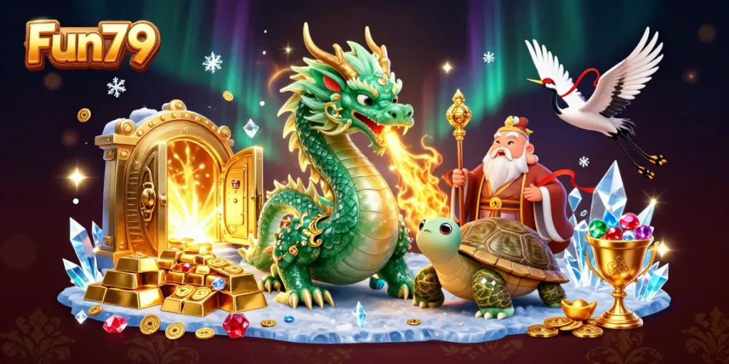 Engage with Fun79's treasures through a 3D illustration of luck and winning potential.