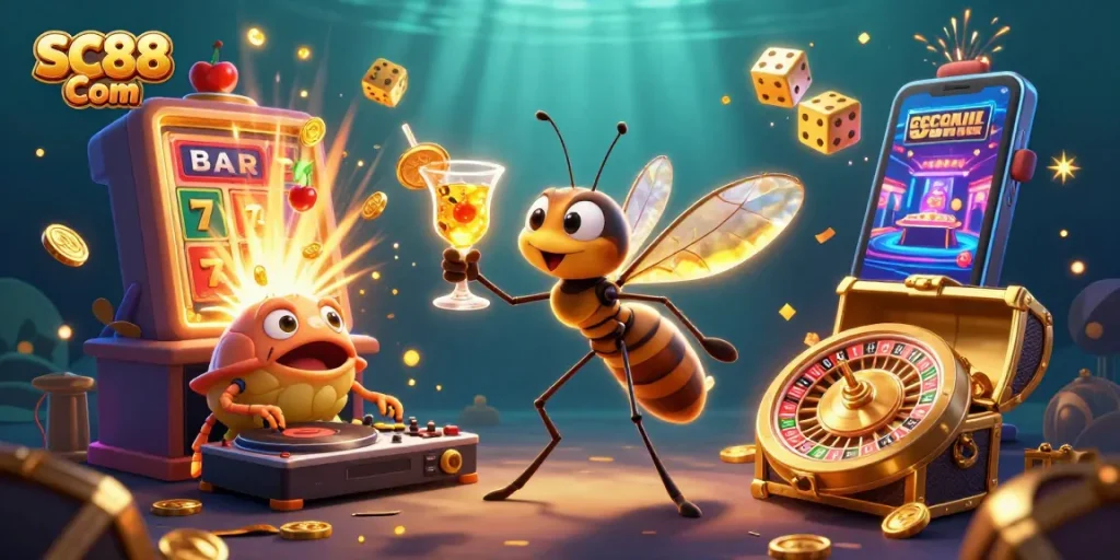 Experience exciting casino gaming with SC88 Com's vibrant 3D illustration of jackpot celebration.