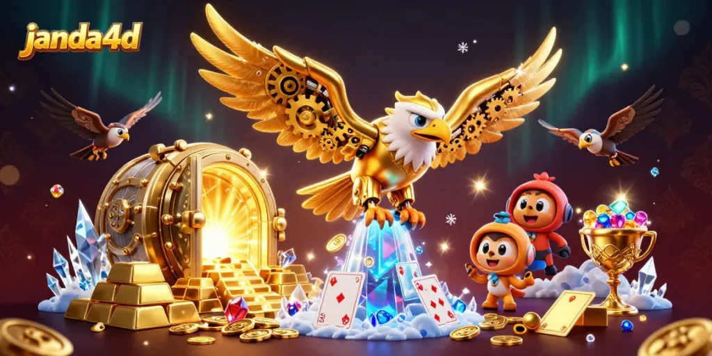 Memenangkan jackpot di janda4d dengan simbol slot dan kartu yang tersebar di sekitar elang cybernetic.