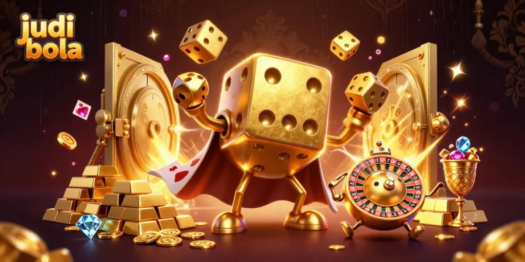 Engage with judi bola betting through a vibrant, dynamic 3D illustration of golden dice and casino treasures.