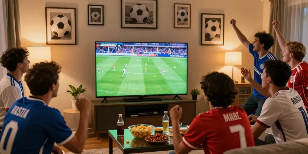Nonton bola bersama teman dengan suasana ceria di rumah.